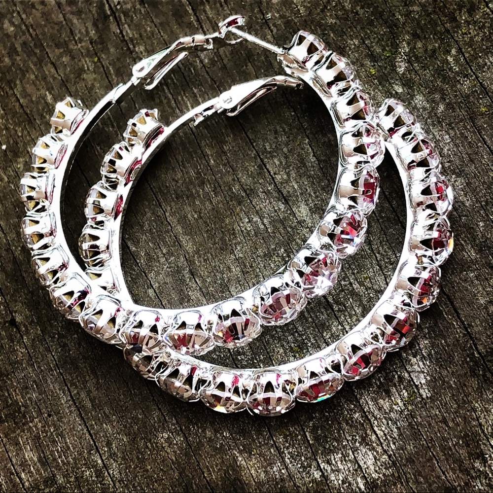 Silver Plated Zircon Diamond Large Hoop Earrings